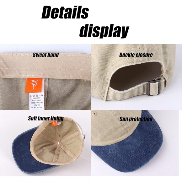 Unisex Khaki + Denim Blue Baseball Cap Cotton Fits Washed Denim Adjustable Hat - Picture 5 of 6